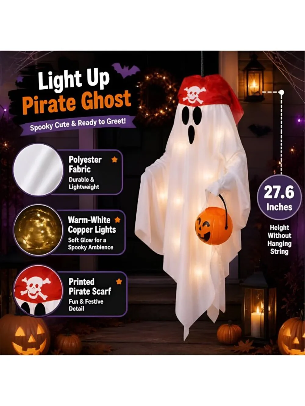 2 Pack Hanging Pirate Ghost Decorations with Lights for Halloween
